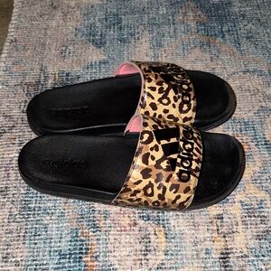 Adidas Women's Leopard Print Slide Sandals - Black and Brown